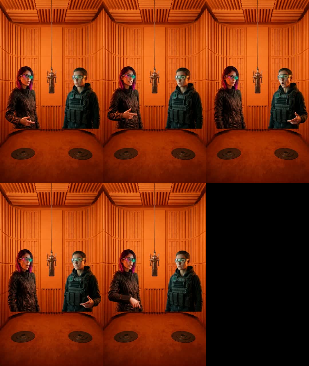 Two friends rapping together at one microphone in the orange Hotel Lobby booth, made with EffectDrop